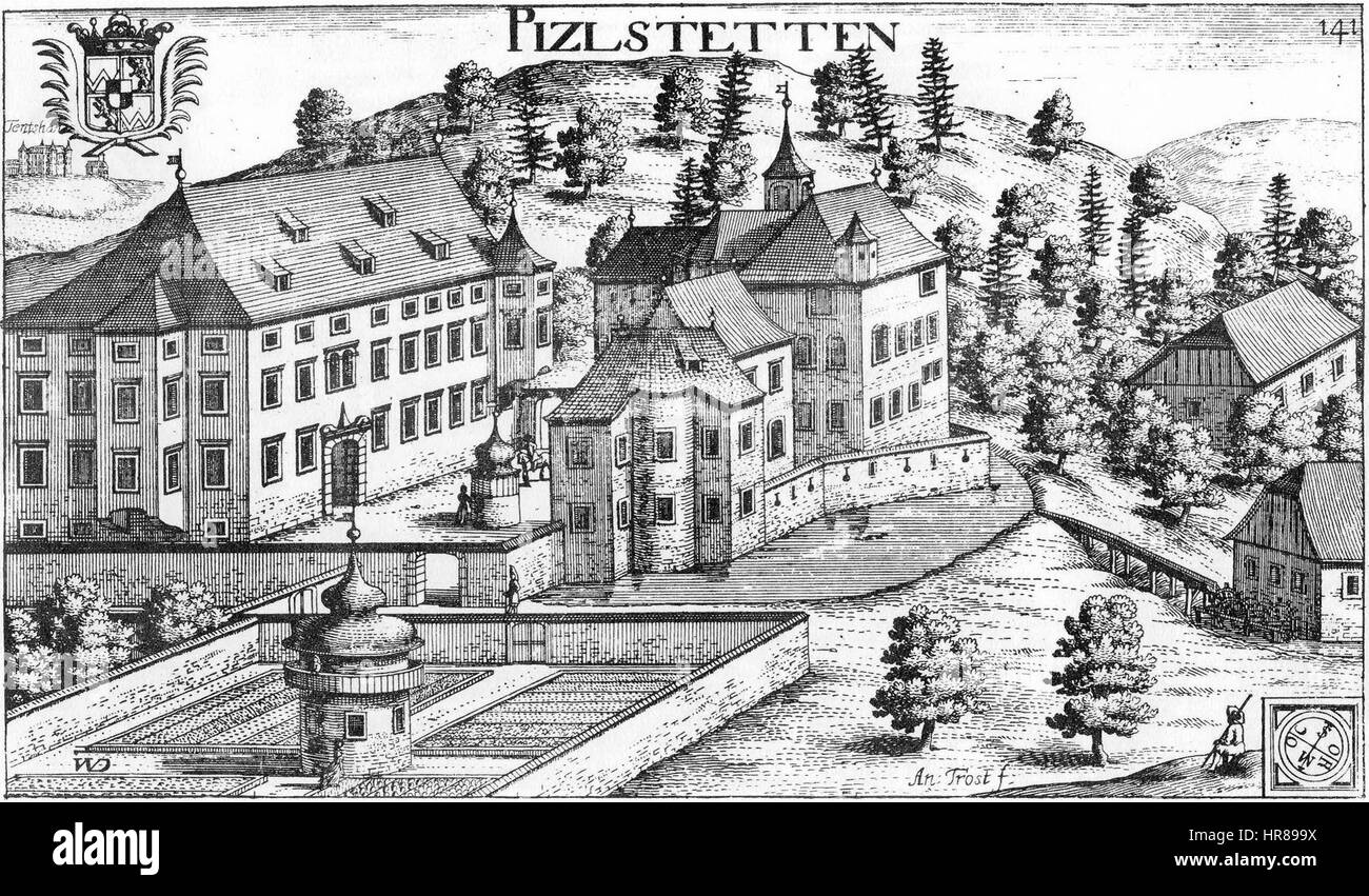L'incisione di Pitzlstetten del 1680 di Johann Weikhard von Valvasor mostra la topografia dettagliata e le caratteristiche architettoniche di questo sito storico. L'incisione mette in evidenza l'esperienza di Valvasor nell'illustrazione geografica e la sua capacità di catturare l'essenza della regione. Foto Stock