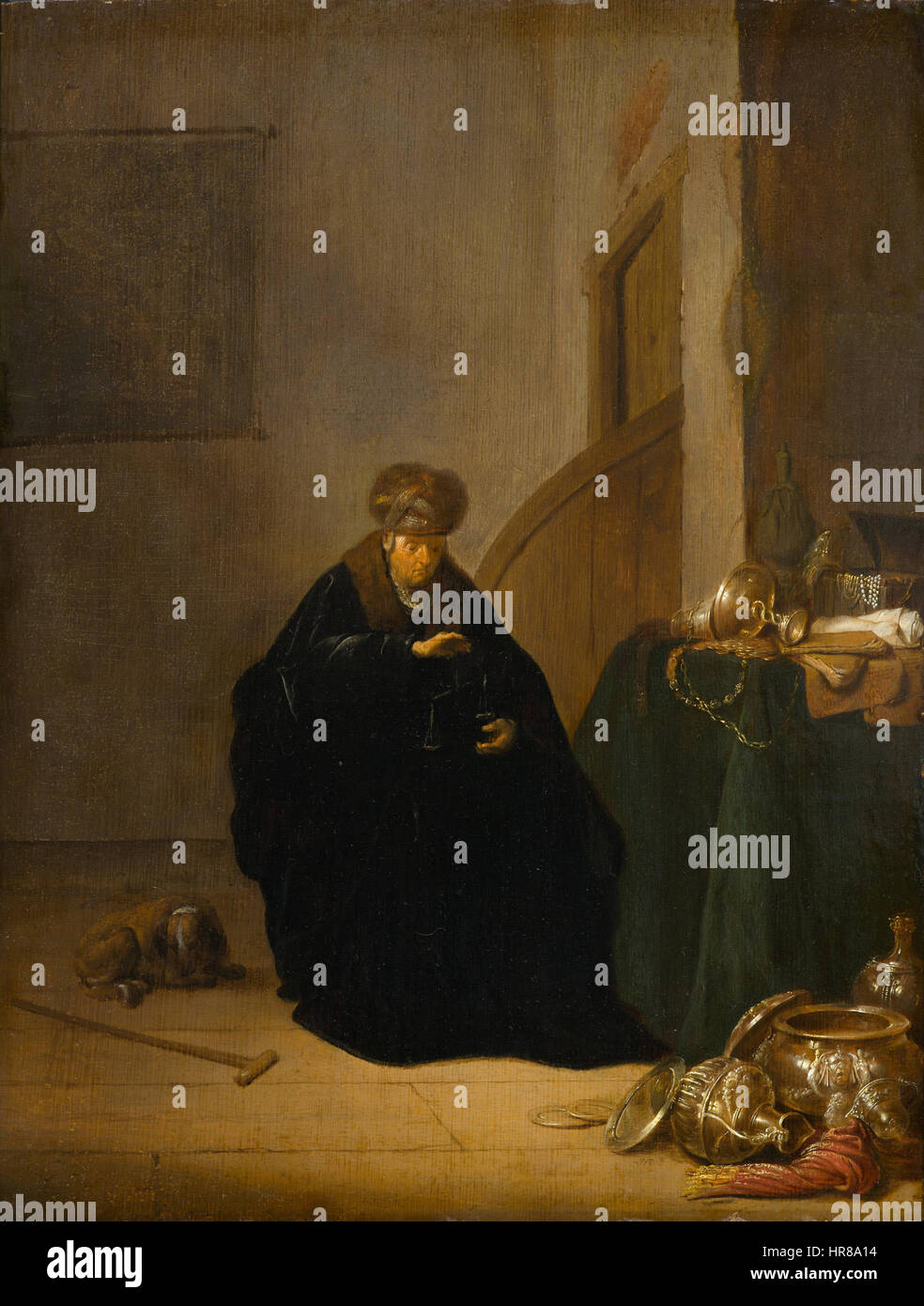 "La pesatrice d'oro" di Willem de Poorter raffigura un ricco mercante o commerciante in un ambiente interno raffinato, che pesa oro. Il pezzo riflette l'affluenza e la cultura materiale del XVII secolo secolo secolo d'oro olandese. Foto Stock