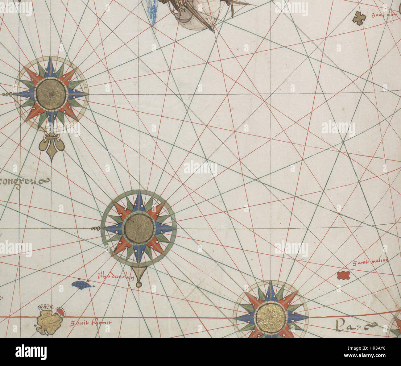Il Vallard Atlas (1547) è una raccolta di mappe marittime dettagliate. Una sezione include raffigurazioni di Sant'Elena, São Tomé e Annobón, fornendo informazioni sull'esplorazione della costa africana durante il XVI secolo. Foto Stock