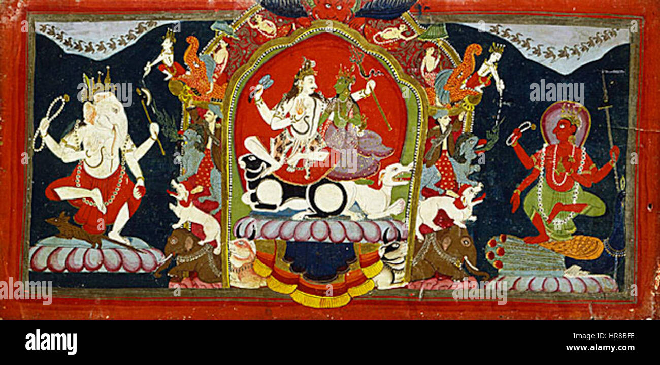 UMA-Maheshwara è una scultura indù raffigurante l'unione divina del Signore Shiva e della sua consorte Uma (Parvati). L'opera d'arte cattura la loro unità simbolica, con Shiva seduto e Uma accanto a lui. La rappresentazione riflette il rapporto armonioso tra la coppia divina, spesso ritratta nell'arte religiosa indiana. Foto Stock