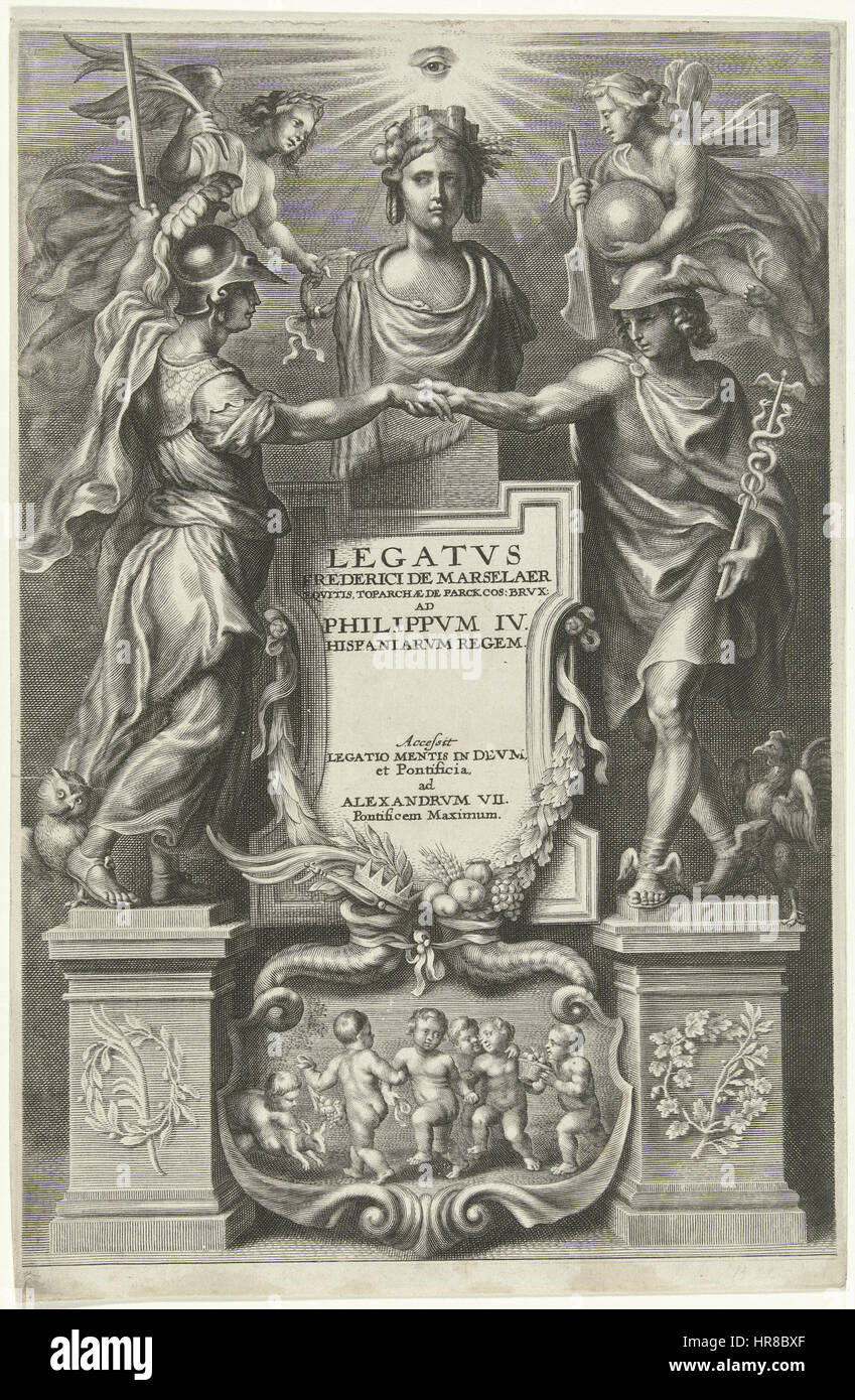 "Titlepage legato 1666" presenta un frontespizio ornato di un manoscritto storico, progettato in modo complesso per riflettere il prestigio e l'importanza del documento. Gli elementi decorativi incorniciano il testo, sottolineandone il significato. Il design mostra l'arte barocca, con elaborati abbellimenti e motivi simbolici che mettono in risalto il contesto culturale e storico del manoscritto. Foto Stock