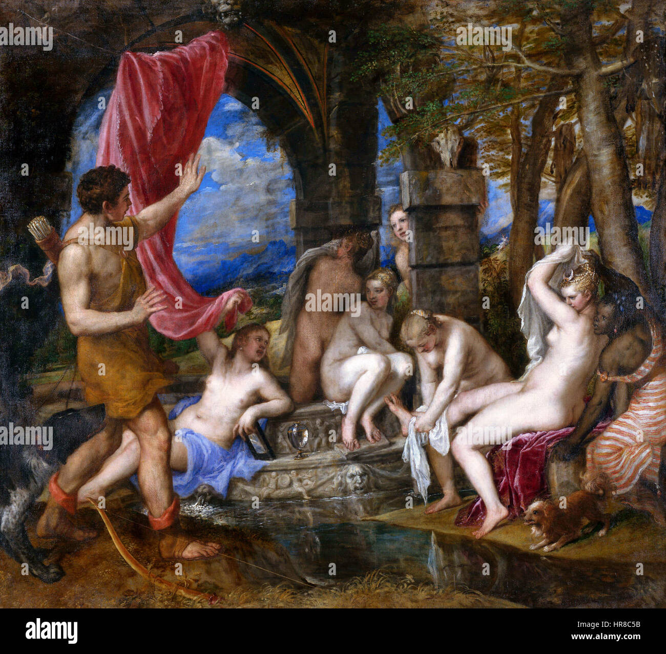 Diana e Actaeone di Tiziano (1556-1559) è un dipinto mitologico che raffigura il momento in cui il cacciatore Actaeone inciampa sulla dea Diana e sulle sue ninfe. La composizione enfatizza il movimento drammatico e il contrasto tra l'uomo e il divino. Foto Stock