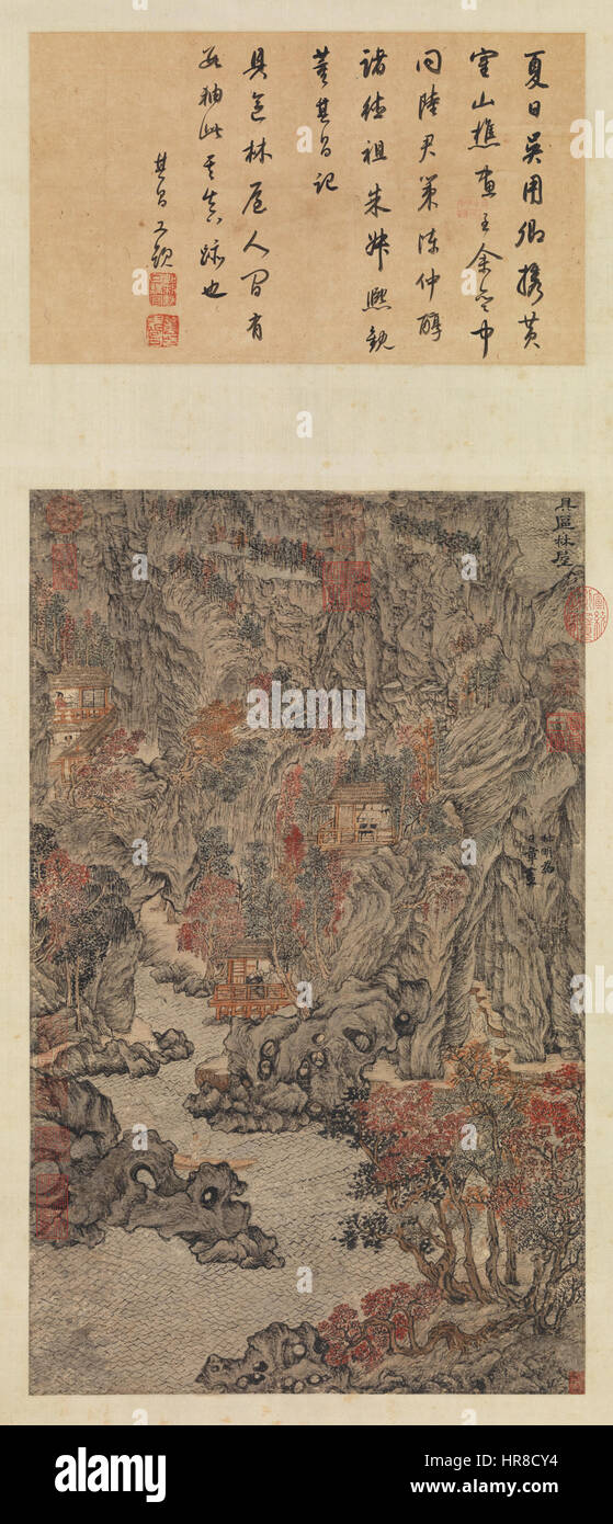 Il dipinto del 1378 di Wang Meng "Forest Grotto in Juqu" è un paesaggio magistrale che raffigura una scena lussureggiante e serena. L'opera mostra l'intricata pennellatura di Wang Meng e l'attenzione ai dettagli, caratteristica dell'arte paesaggistica della dinastia Yuan. Foto Stock