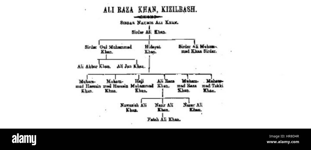 La "genealogia della famiglia Punjabi Qizilbash" (1862) traccia l'ascendenza e la discendenza di un importante gruppo etnico e militare del Punjab. Questo documento offre informazioni sul ruolo storico della comunità Qizilbash, concentrandosi sui loro contributi militari e sociali nella regione. Foto Stock