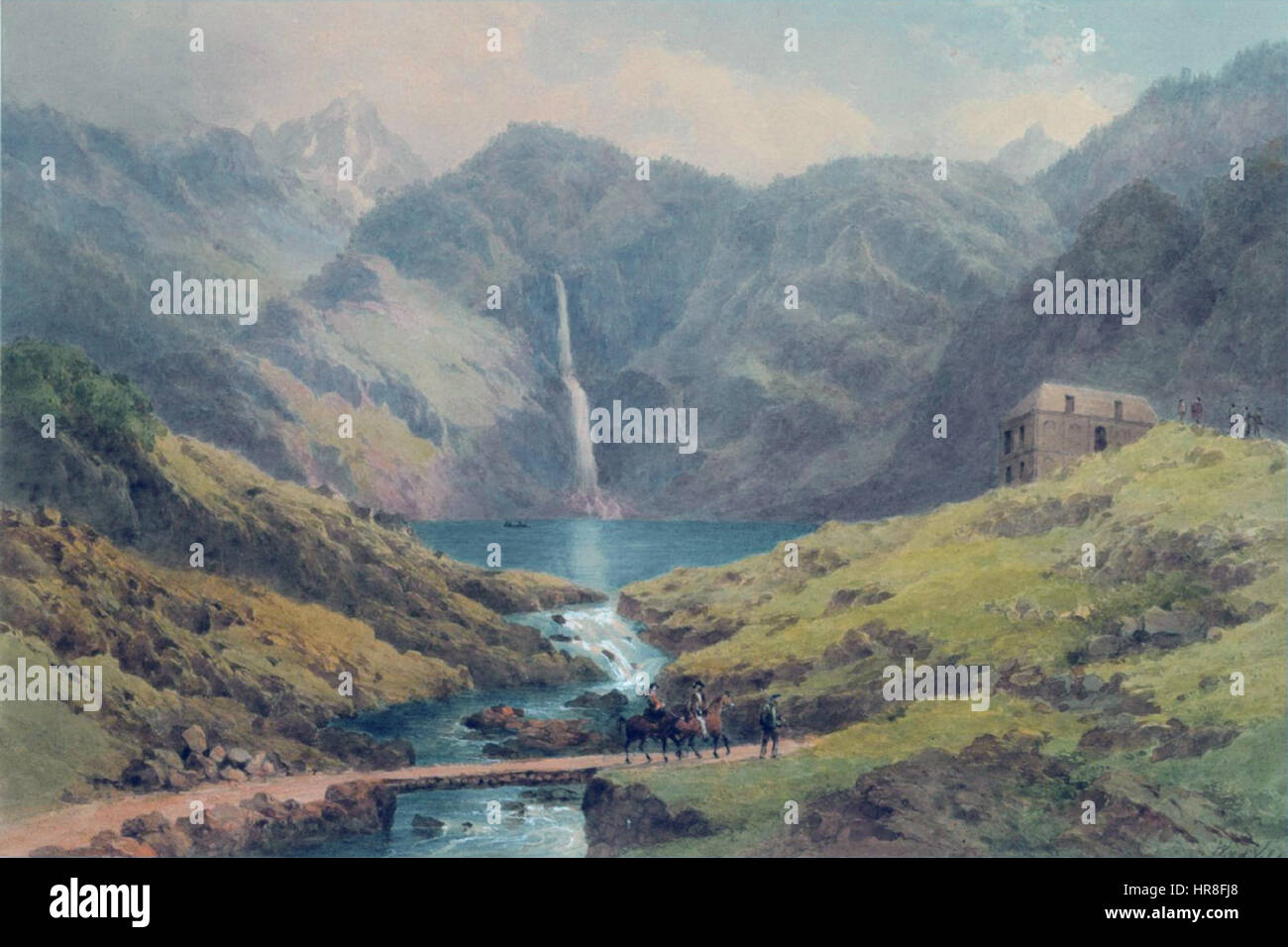 I viaggiatori a cavallo in un paesaggio di montagna con una cascata di Charles Wiliam Meredith van de Velde Foto Stock