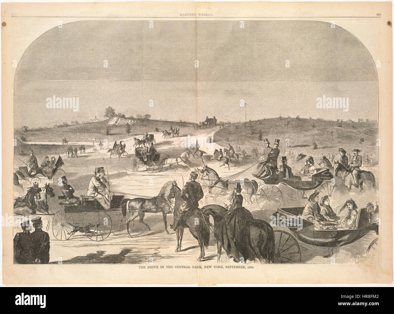 Questa fotografia storica del 1860 cattura una scena a Central Park, New York, mostrando un giro in carrozza attraverso i paesaggi del parco di nuova progettazione. L'immagine offre uno sguardo sulla vita urbana del XIX secolo e sui trasporti nel cuore di New York City. Foto Stock