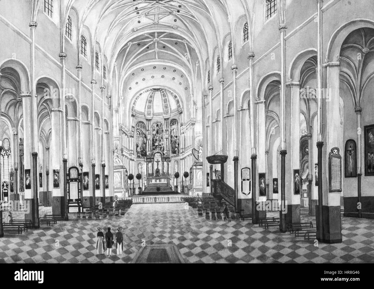 La chiesa di San Servazio a Maastricht, raffigurata in questa opera, risale al XIX secolo. Il dipinto cattura le caratteristiche architettoniche della chiesa, enfatizzando il suo significato storico e religioso per la regione. Foto Stock