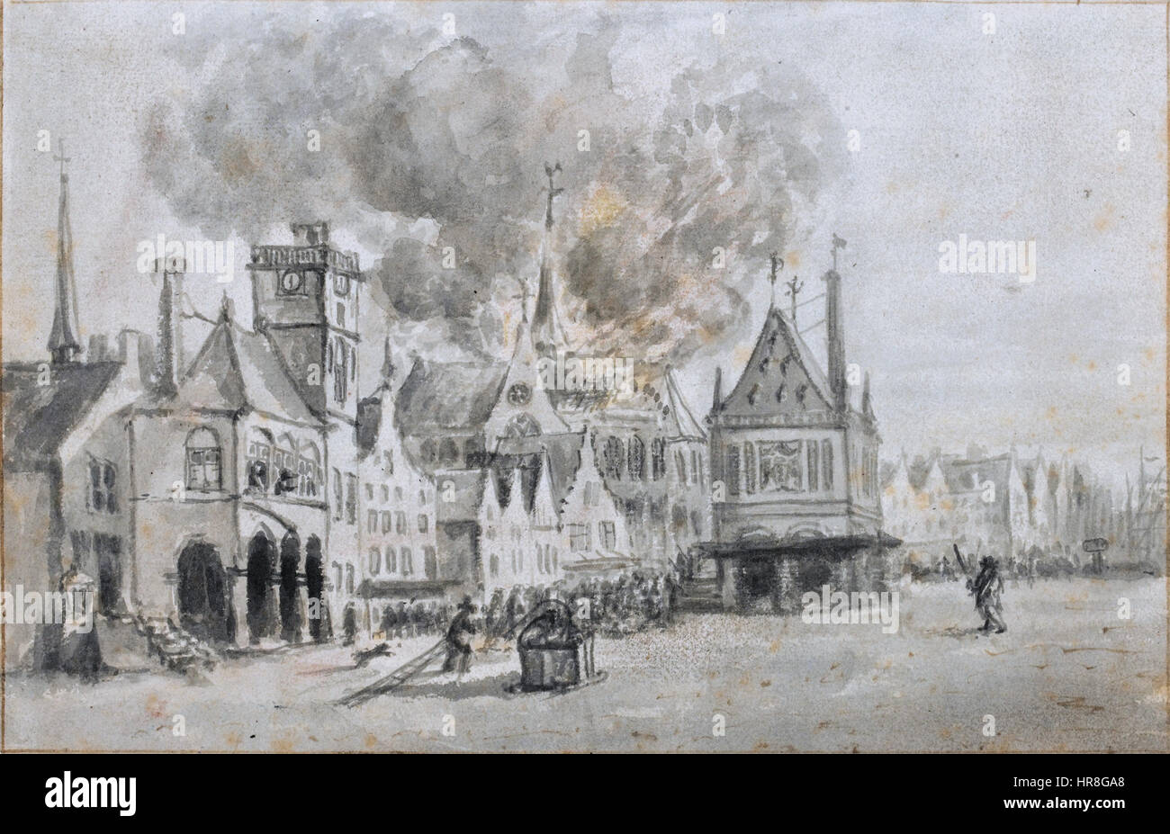 Il dipinto di Egbert Lievensz van der Poel "il fuoco nel Nieuwe Kerk, Amsterdam, nel 1645" cattura la scena drammatica e caotica di un incendio che distrugge la chiesa. Il dipinto raffigura l'intensità e la devastazione dell'evento in grande dettaglio. Foto Stock