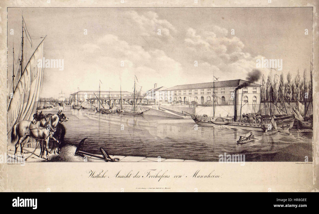 Una veduta occidentale del porto franco di Mannheim, una rappresentazione del Rheinhafen del XIX secolo. Foto Stock