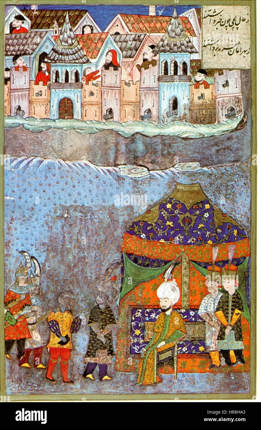 La "resa di Becskerek, 1551" è un dipinto storico che raffigura l'assedio ottomano della città ungherese di Becskerek. Cattura il momento della resa, illustrando la tensione militare e i drammatici eventi del periodo. L'opera d'arte fornisce un'istantanea della storia militare dell'Impero ottomano durante la sua espansione nell'Europa centrale. Foto Stock