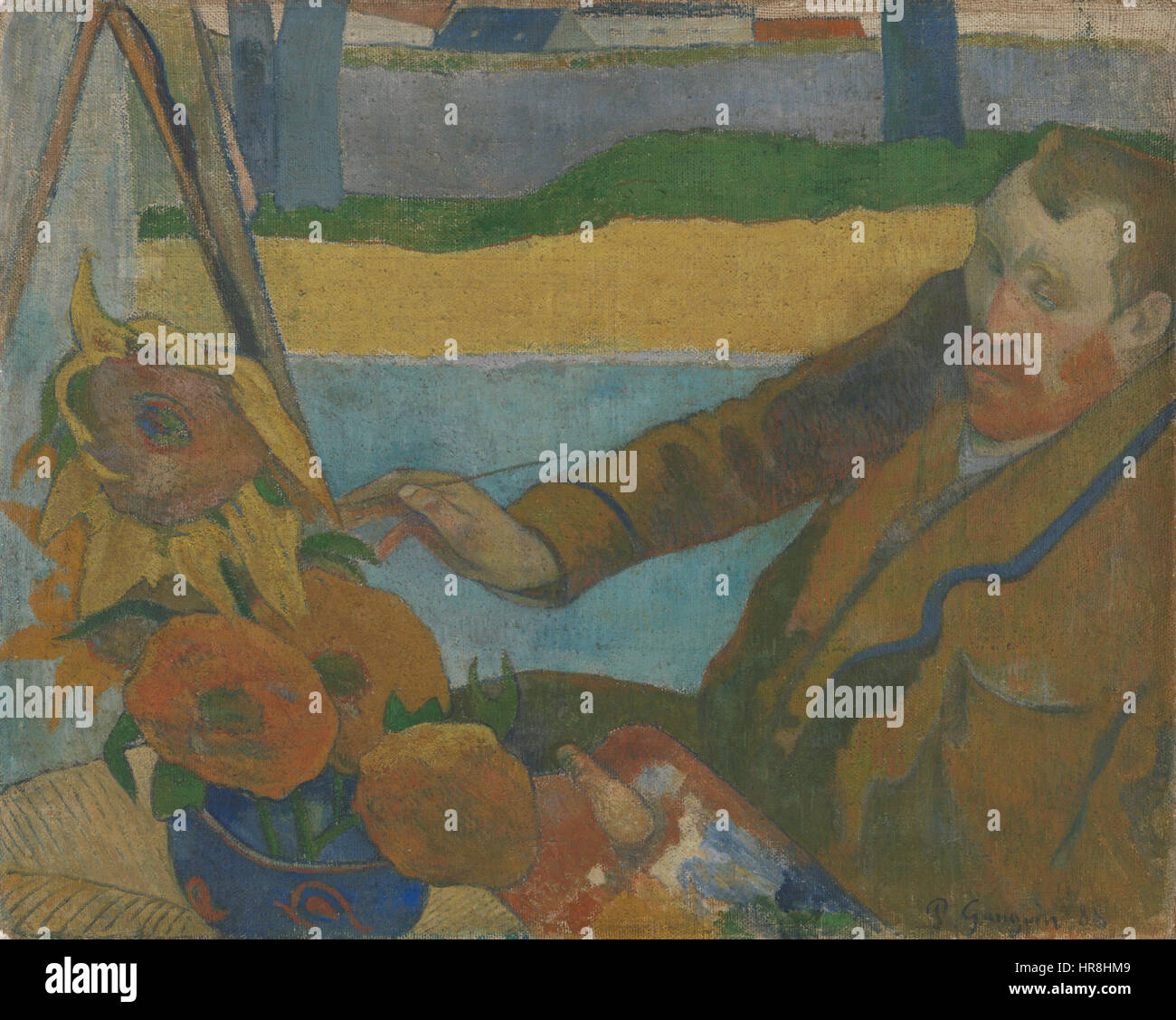 Questo dipinto mostra Vincent van Gogh al lavoro sulla sua famosa serie di girasoli. Conosciuto per la sua vivace tavolozza di colori e le pennellate spesse, il pezzo illustra la passione di Van Gogh per catturare il mondo naturale. I girasoli sono ritratti in uno stile dinamico ed energico che riflette il suo approccio distintivo alla pittura STILL Life. Foto Stock