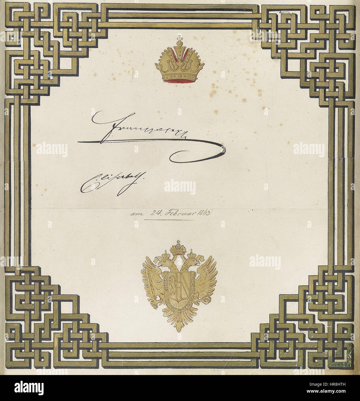 "Zierblatt Unterschriften" del 1863 include le firme dell'imperatore Francesco Giuseppe i d'Austria e di sua moglie, l'imperatrice Elisabetta d'Austria. Il foglio ornamentale mette in risalto le loro firme reali e funge da documento storico dell'Impero austriaco del XIX secolo. Foto Stock