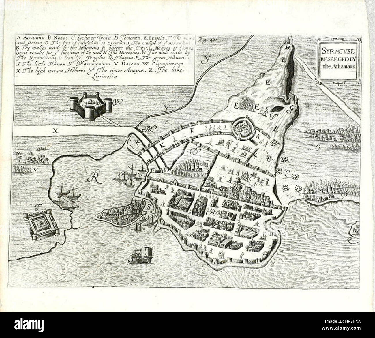 L'opera raffigura l'antico assedio di Siracusa da parte degli Ateniesi, un evento durante la guerra del Peloponneso. La scena cattura l'intensità del conflitto e le strategie militari impiegate da entrambe le parti in questa significativa battaglia storica. Foto Stock