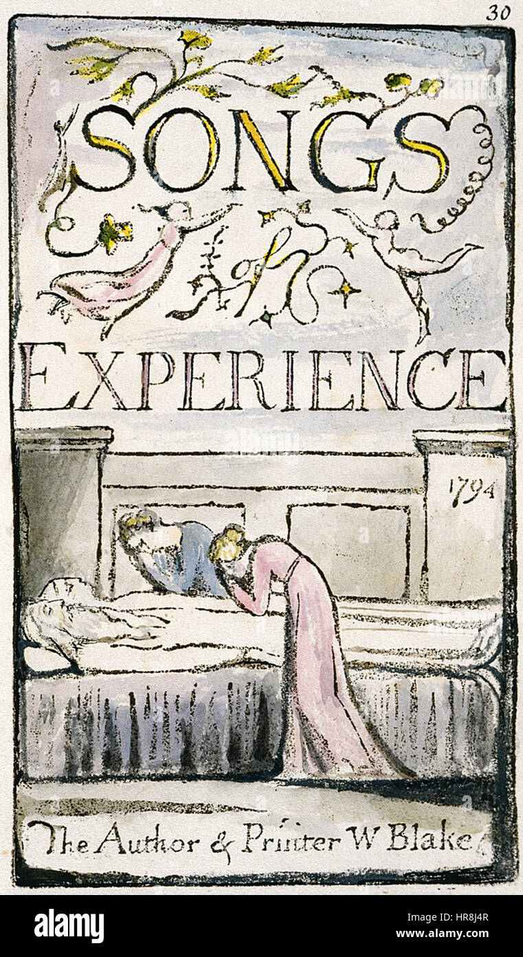 Il frontespizio di "Songs of Experience" di William Blake presenta illustrazioni iconiche e testo poetico. Questo lavoro fa parte dell'esplorazione della dualità da parte di Blake, contrastando l'innocenza con l'esperienza. La pagina presenta i temi della collezione, con il caratteristico stile incisivo e i metodi di narrazione visiva di Blake, catturando l'essenza della sua poesia visionaria. Foto Stock