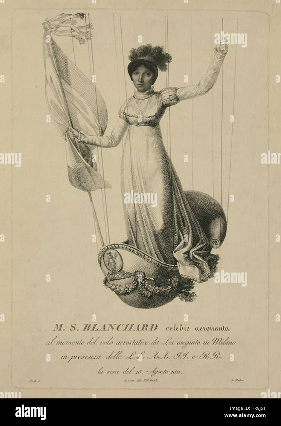 Sophie Blanchard, nota per le sue imprese in mongolfiera, è raffigurata in un ritratto ambientato a Milano. L'immagine riflette il suo ruolo pionieristico nei primi giorni dell'aviazione, catturando il suo spirito audace e il suo significato storico. Foto Stock