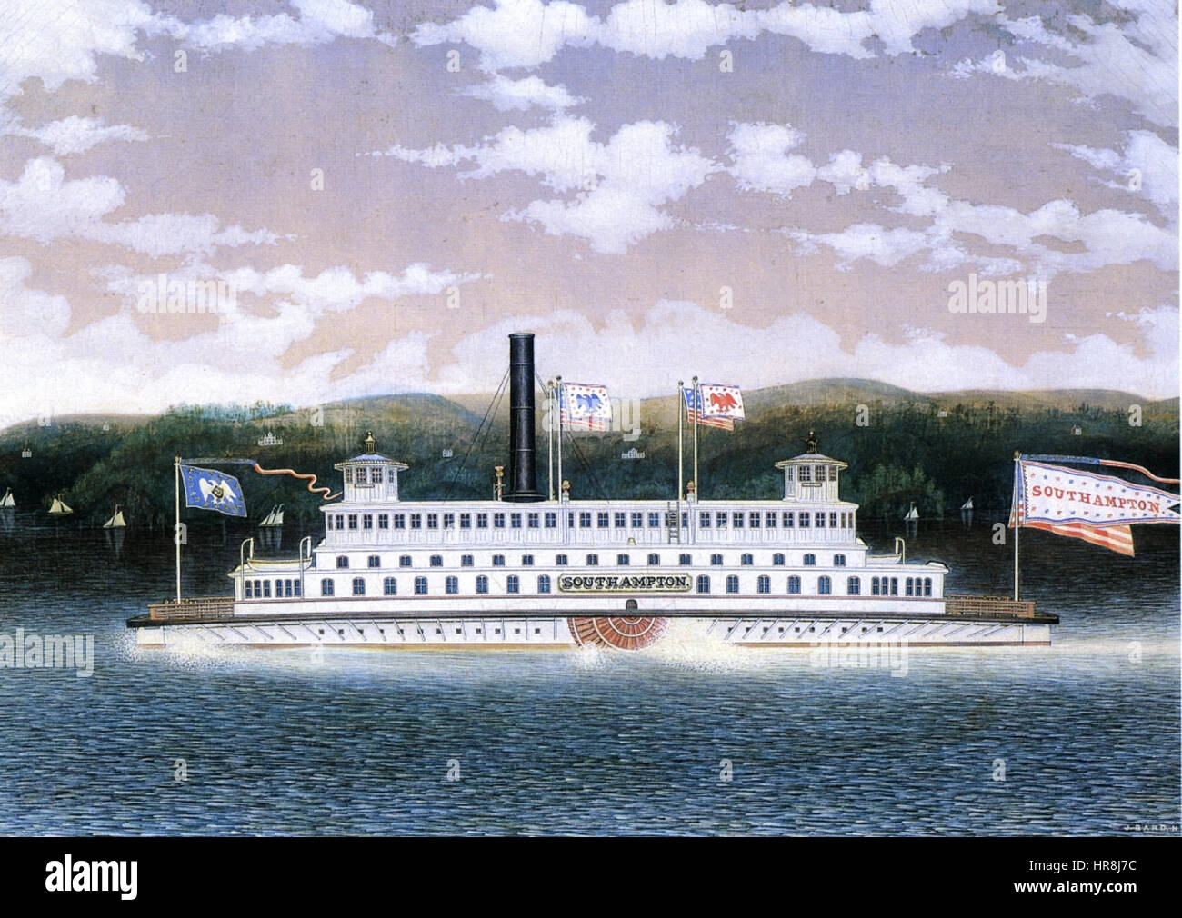 Il traghetto a vapore "Southampton", costruito nel 1869, è raffigurato in questa opera d'arte. Il dipinto mostra i progressi dell'era industriale nel settore dei trasporti, con particolare attenzione al design e alla funzione del traghetto. Il traghetto a vapore rappresenta un'importante pietra miliare nei viaggi marittimi durante il XIX secolo. Foto Stock