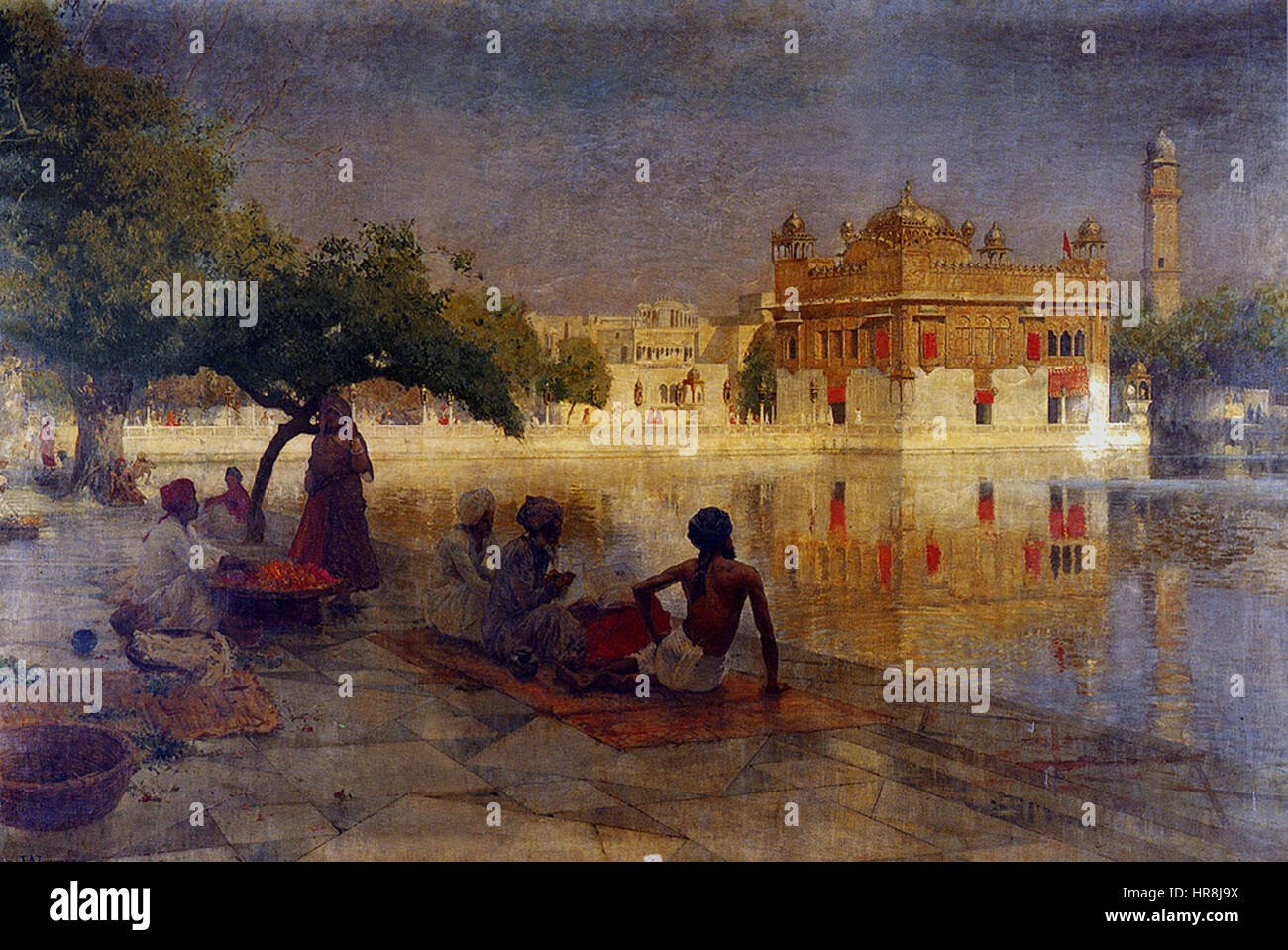 Questo dipinto di Edwin Weeks raffigura il Tempio d'Oro ad Amritsar, in India, catturandone la sacra bellezza e lo splendore architettonico. L'artista ritrae la struttura dettagliata del tempio e l'ambiente tranquillo, evidenziandone il significato come un importante sito spirituale per i Sikh. Foto Stock
