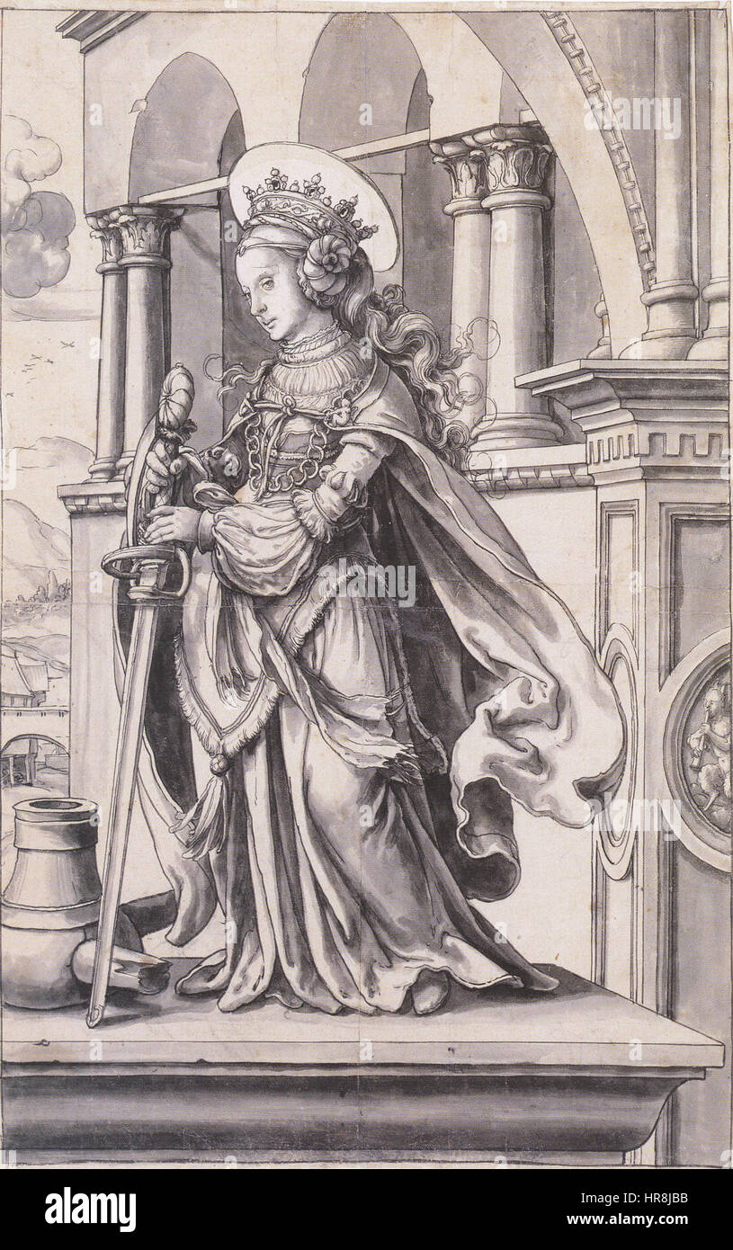 Il progetto di Hans Holbein il giovane per una vetrata di Santa Caterina d'Alessandria mostra l'abilità dell'artista nella creazione di immagini religiose dettagliate e simboliche. Il design cattura gli attributi iconici del santo, come la ruota, in uno stile vivace e intricato tipico del lavoro di Holbein durante il Rinascimento. Foto Stock