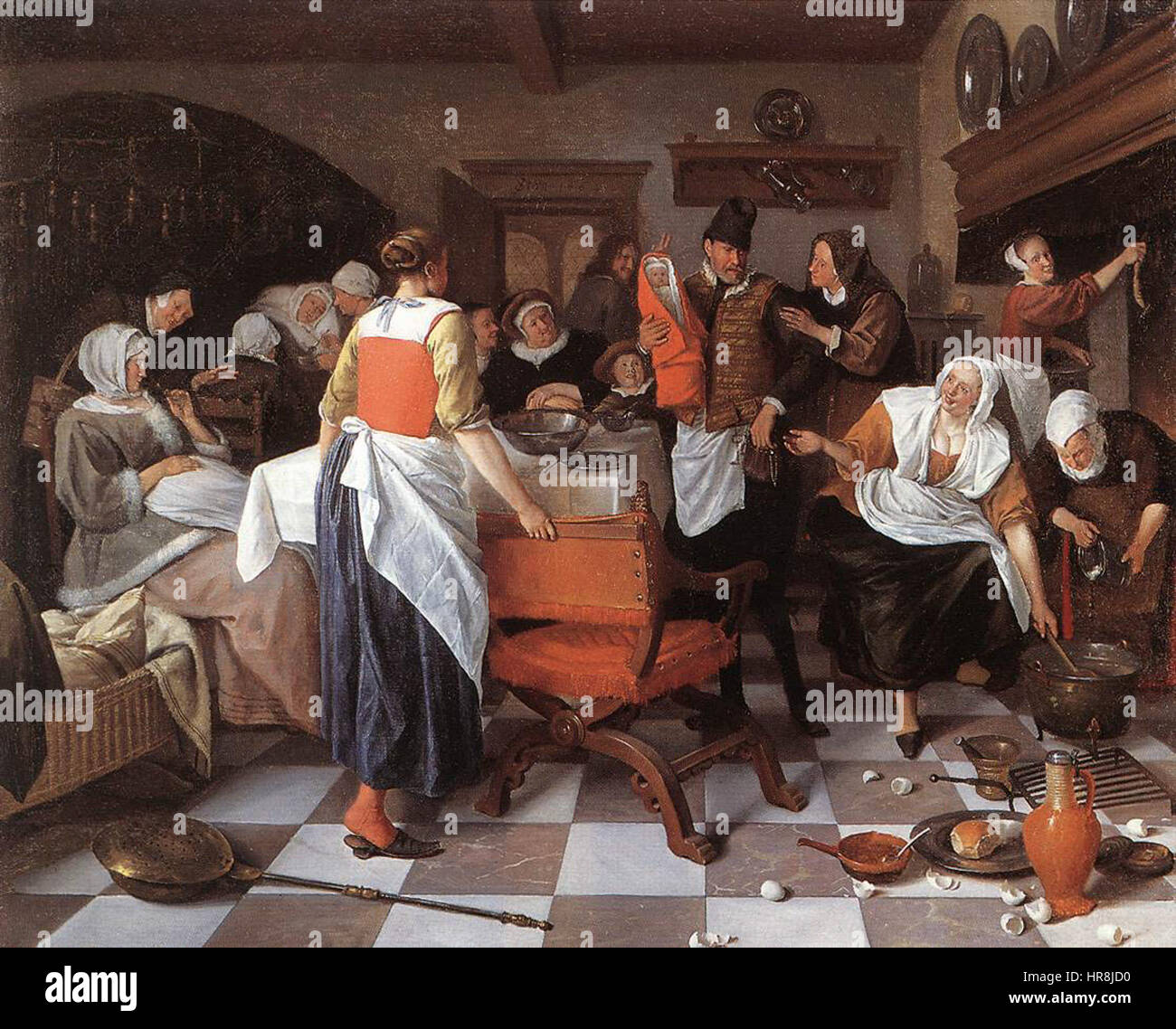 "Celebrare la nascita" di Jan Steen raffigura una scena gioiosa incentrata sulla nascita di un bambino. La maestria di Steen nel catturare la vita quotidiana olandese è evidente in questo dipinto, dove l'attenzione è sul calore e la felicità del momento. La scena riflette la vita familiare nel secolo d'oro olandese, sottolineando la celebrazione della vita, della famiglia e della domesticità nella società olandese del XVII secolo. Foto Stock