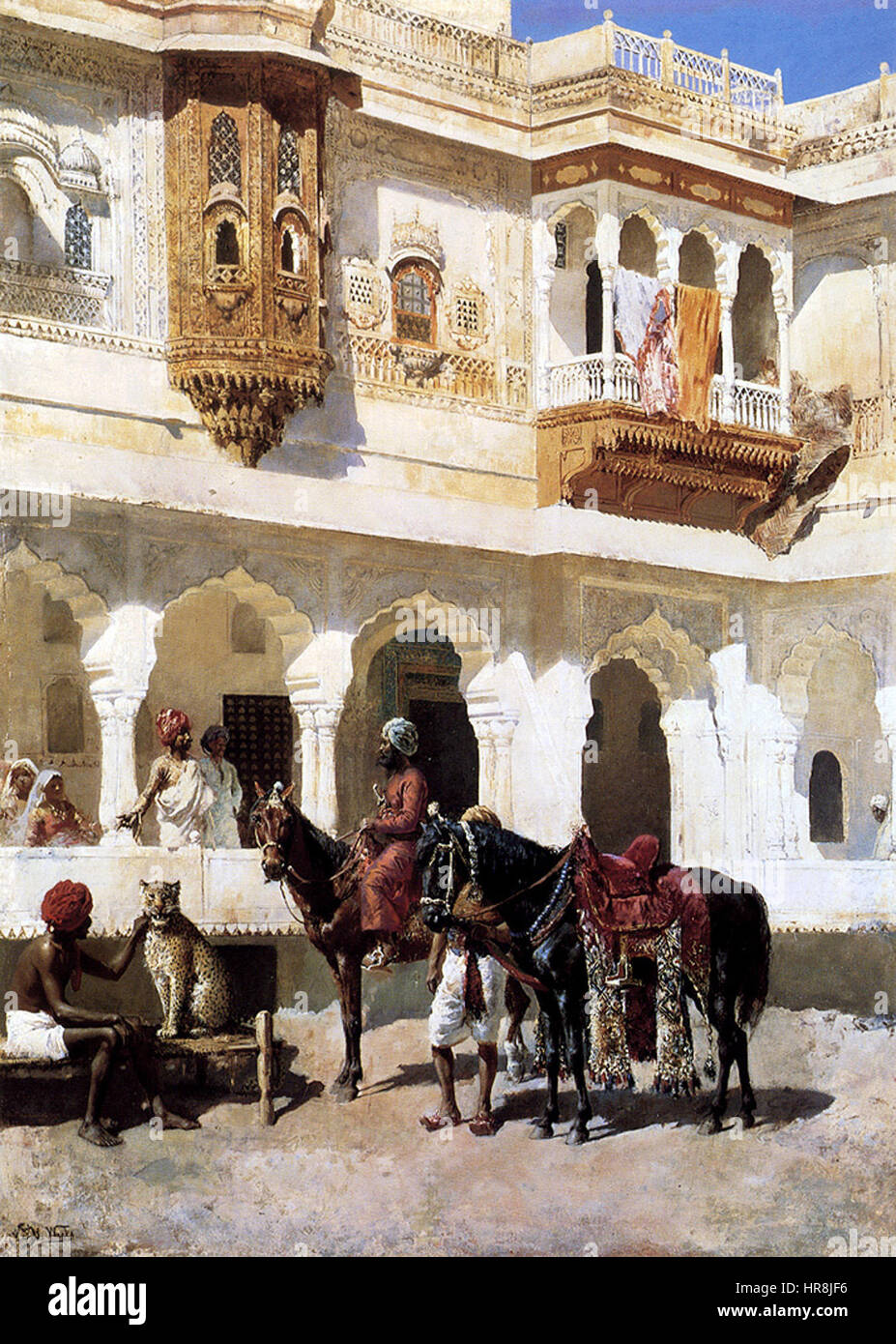 Questo dipinto di Edwin Weeks cattura un momento di partenza per una spedizione di caccia, mostrando figure a cavallo in una scena vivace e vivace. Il pezzo riflette il fascino di settimane con ambientazioni esotiche e movimenti dinamici. Foto Stock