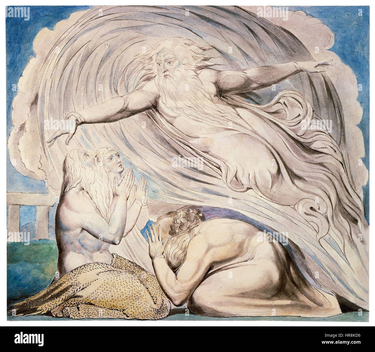 "Il Signore che risponde a Giobbe dal vento" illustra un momento del Libro di Giobbe, in cui Dio parla a Giobbe in mezzo a una tempesta. La scena cattura il potere drammatico della rivelazione divina in un momento di profonda umiltà e sofferenza. Foto Stock