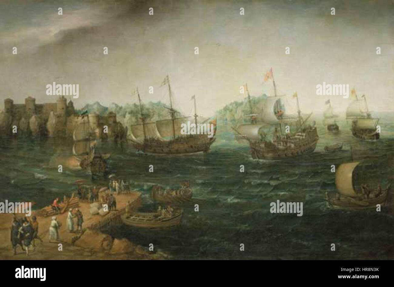 Il libro "Ships Trading in the East" di Hendrick Cornelisz Vroom ritrae le navi olandesi impegnate nel commercio con le Indie orientali nel corso del XVII secolo. Il dipinto cattura l'espansione marittima e l'importanza delle rotte commerciali nel secolo d'oro dell'esplorazione olandese. Foto Stock