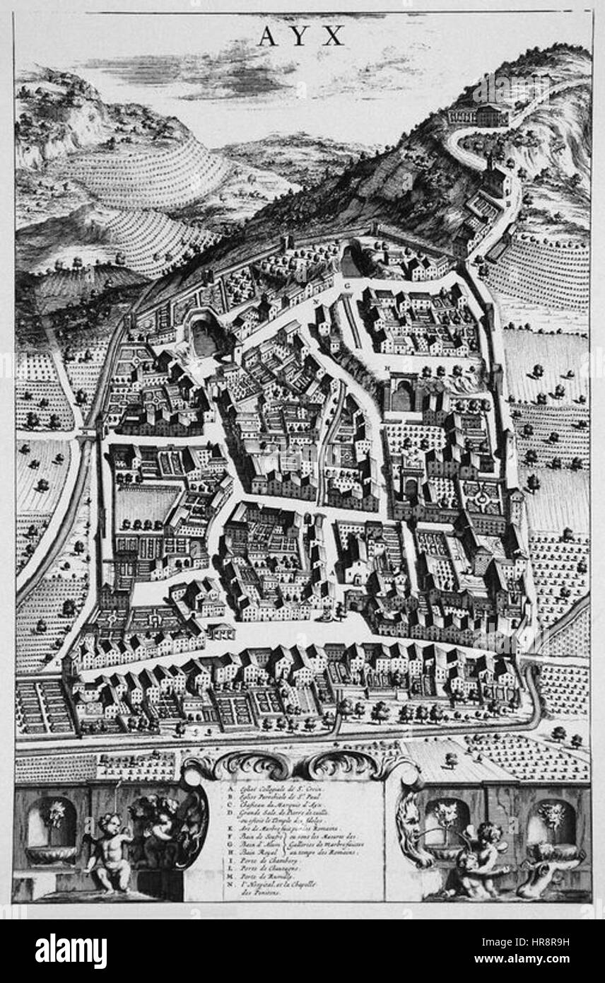 Theatrum Sabaudiae Aix si riferisce a un'opera storica che raffigura la regione della Savoia, mettendo in evidenza le caratteristiche culturali e geografiche della zona. Le opere d'arte mostrano in genere i paesaggi, l'architettura e la società della regione sabauda durante il periodo rinascimentale. Foto Stock