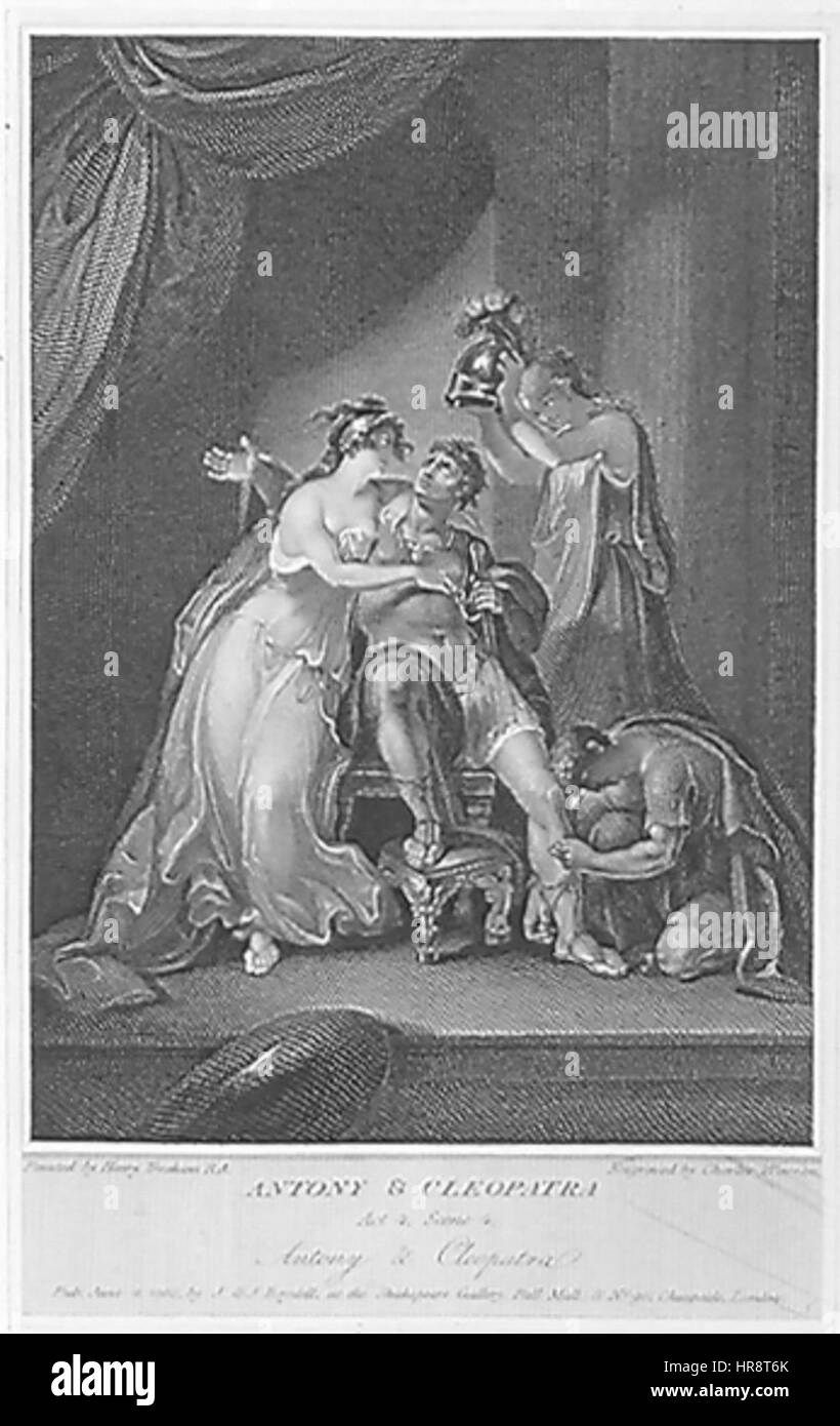L'opera *Tresham-Antony Cleopatra* raffigura un momento drammatico della vita di Cleopatra e Mark Antony, spesso rappresentando temi di amore, politica e tragedia. L'opera d'arte trasmette intensità emotiva attraverso gesti potenti e dettagli espressivi, riflettendo il contesto storico delle relazioni romane ed egizie. Foto Stock