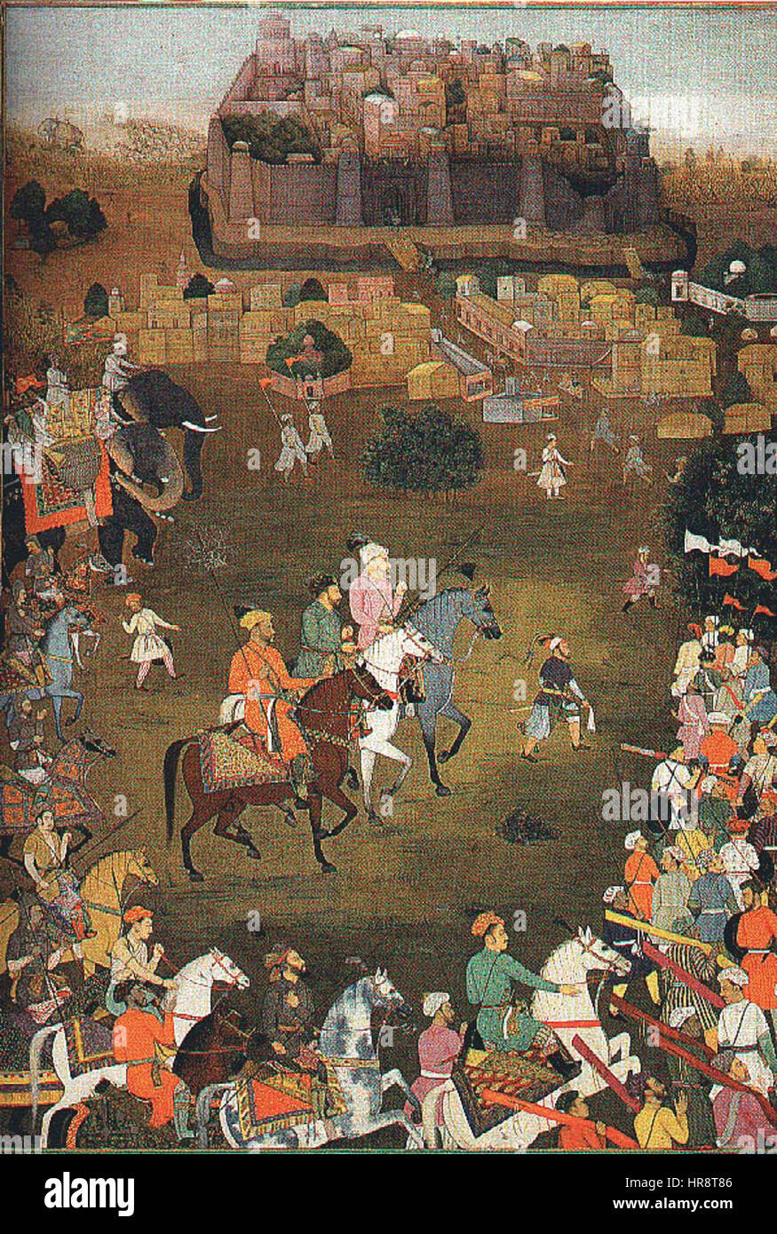 Il dipinto della cattura di Orchha nell'ottobre 1635 illustra l'assalto delle forze imperiali alla fortezza. L'opera ritrae l'evento storico in vividi dettagli, evidenziando il conflitto e la strategia militare utilizzati durante l'assedio. Foto Stock