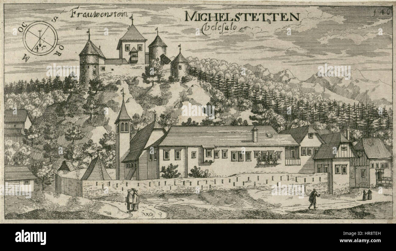 Questa incisione di Johann Weikhard von Valvasor raffigura la città di Kamen pri Velesovem, mostrando il paesaggio naturale e le caratteristiche architettoniche della zona. Le incisioni dettagliate di Valvasor sono significative nella documentazione della geografia e della cultura europea del XVII secolo. Foto Stock