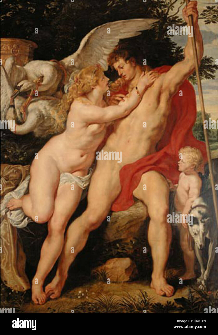 "Venere e Adone" è un dipinto mitologico che raffigura il tragico momento di separazione tra Venere e Adone. L'opera esplora temi di amore, perdita e la natura fugace della vita, comune nella mitologia classica e nell'arte rinascimentale. Foto Stock