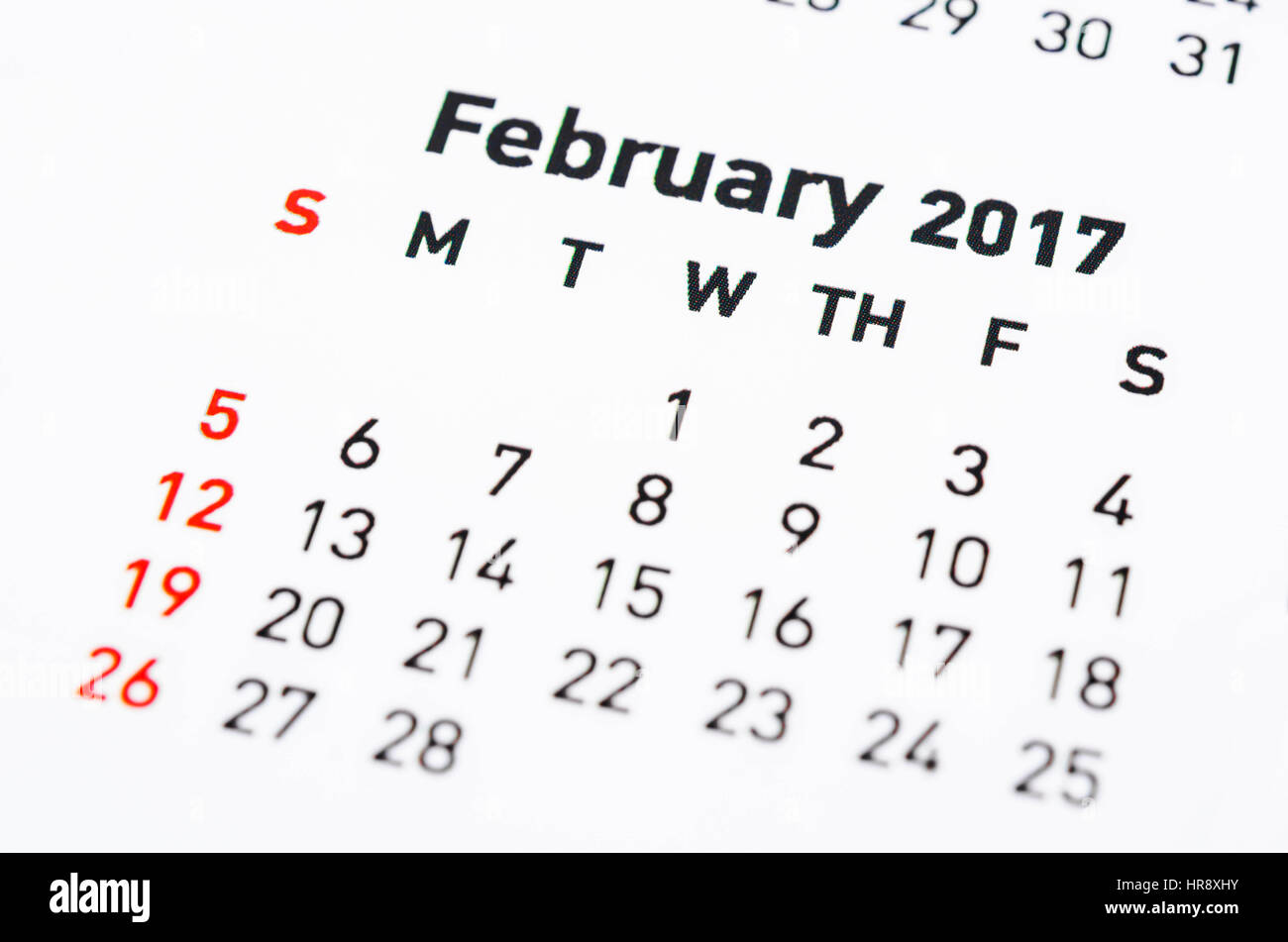 Calendario da parete Febbraio 2017. Foto Stock