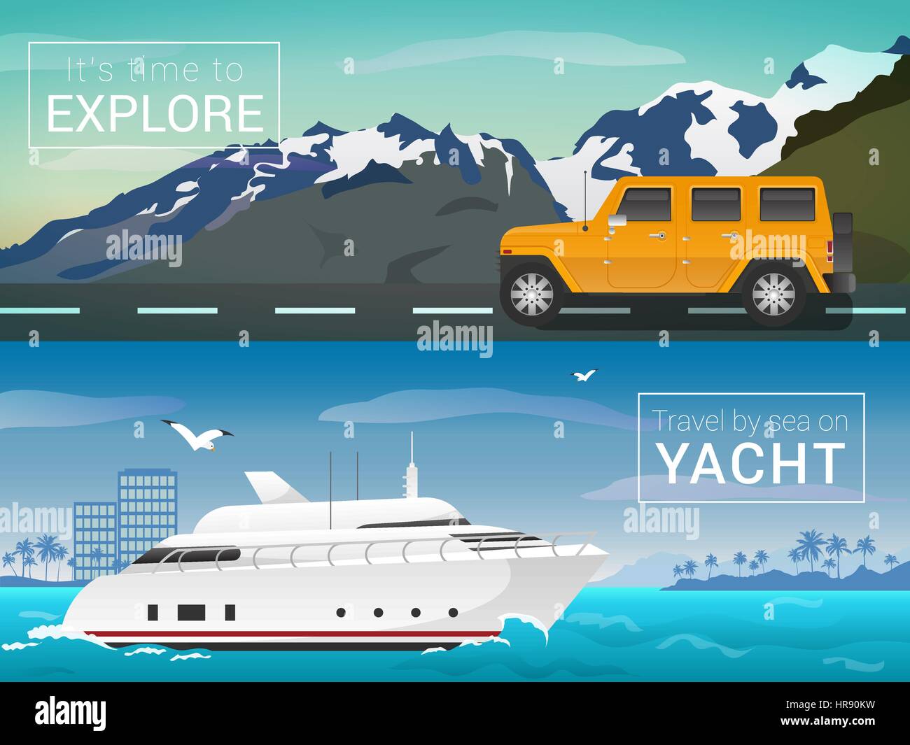 Viaggiare via terra e via mare. Yacht nella baia delle isole tropicali. Jeep in montagna sulla strada. Turismo banner vettore Illustrazione Vettoriale