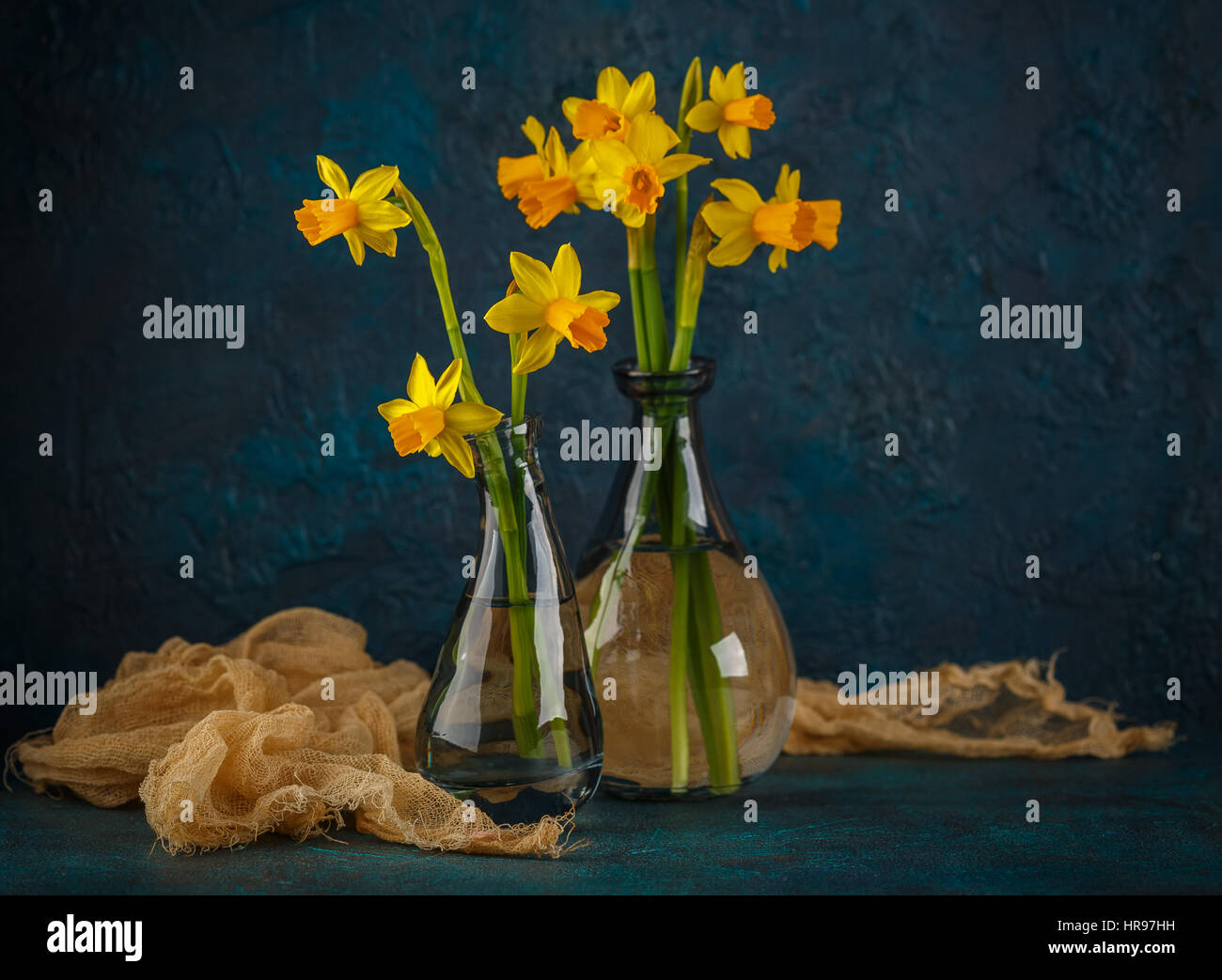 Molla luminoso giallo daffodils in miniatura in vasi di vetro Foto Stock