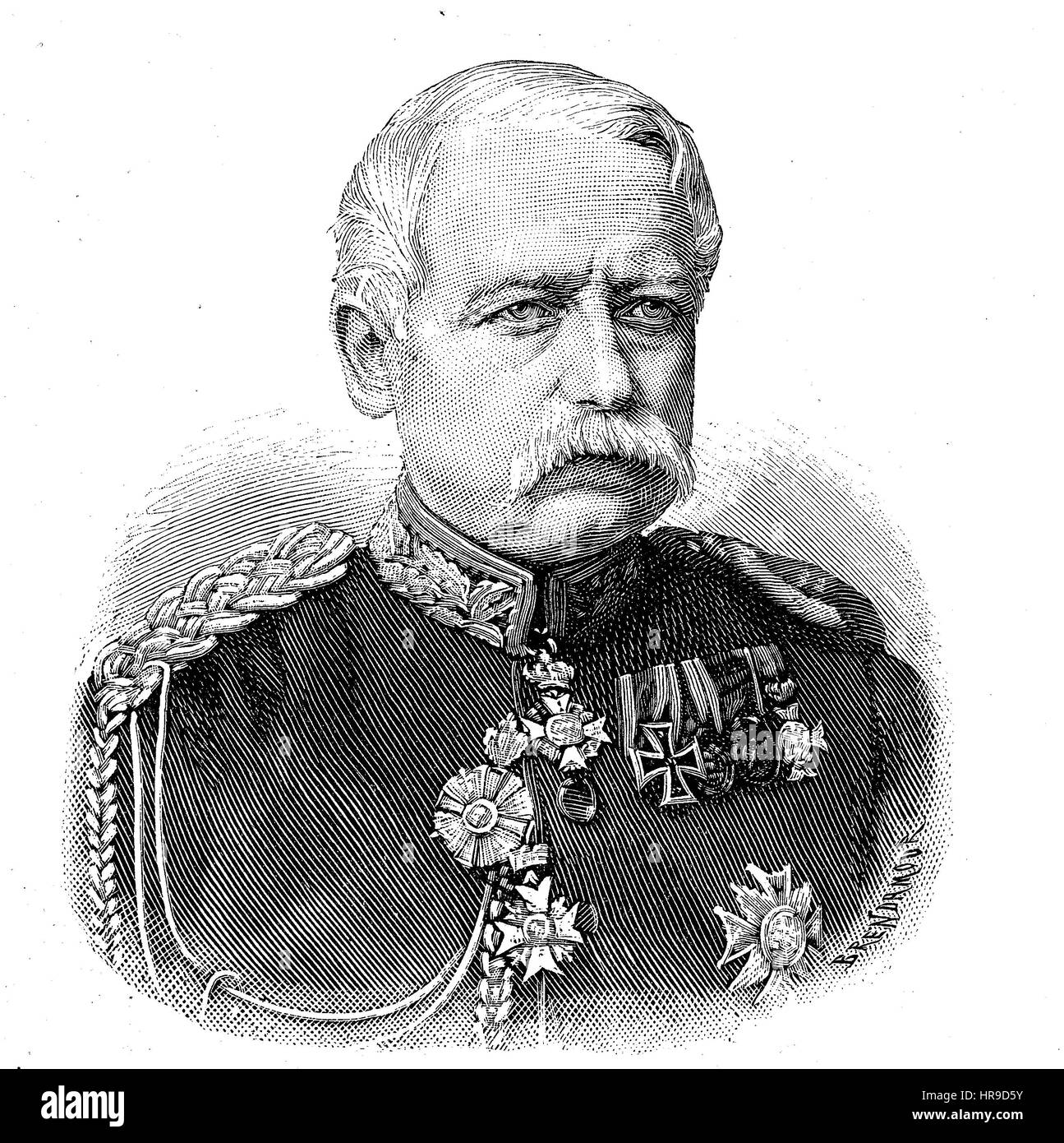 Alfred Emil Ludwig Philipp Freiherr von Degenfeld, 1816 - 1888, era un tenente generale di Baden e un deputato nel Reichstag, situazione dal tempo della guerra franco-prussiana o guerra franco-tedesca, Deutsch-Franzoesischer Krieg, 1870-1871, la riproduzione di un originale xilografia a partire dall'anno 1885, digitale migliorata Foto Stock