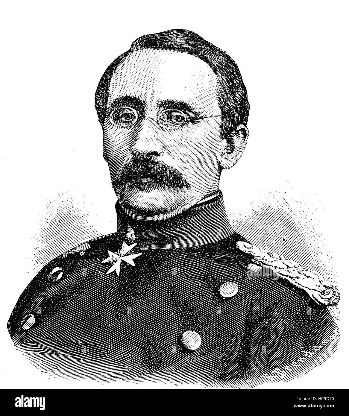 August Karl von Goeben, 1816 - 1880, un fanteria prussiano generale, ha vinto la Croce di Ferro per il suo servizio nella guerra franco-prussiana del 1870-1871, situazione dal tempo della guerra franco-prussiana o guerra franco-tedesca, Deutsch-Franzoesischer Krieg, 1870-1871, la riproduzione di un originale xilografia a partire dall'anno 1885, digitale migliorata Foto Stock