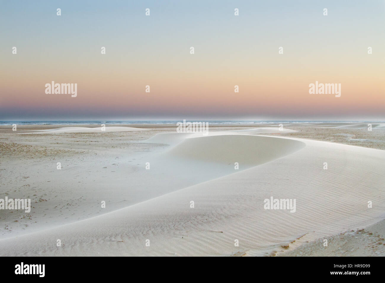 Paesaggio da sogno, sunrise su una vasta spiaggia con piccole dune barchan (foredunes) Foto Stock