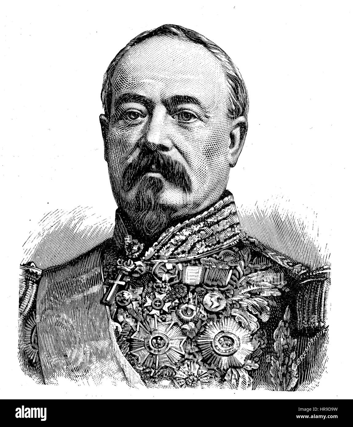 Francois Achille Bazaine, 1811 - 1888, è stato un generale francese e dal 1864, un Maresciallo di Francia che si arrese l'ultimo organizzato esercito francese alla Prussia durante la guerra franco-prussiana, situazione dal tempo della guerra franco-prussiana o guerra franco-tedesca, Deutsch-Franzoesischer Krieg, 1870-1871, la riproduzione di un originale xilografia a partire dall'anno 1885, digitale migliorata Foto Stock