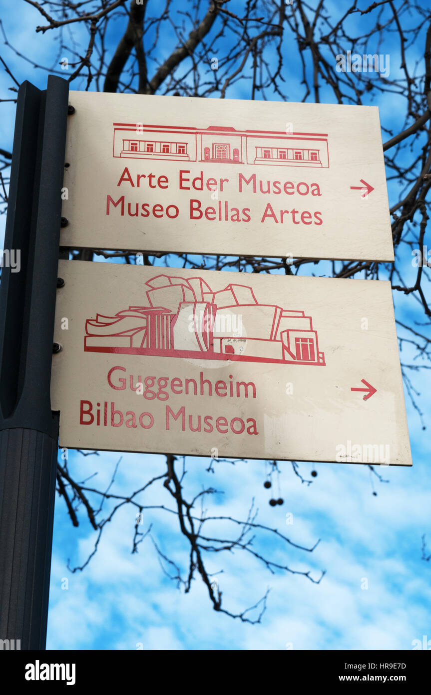 Bilbao, Spagna: le indicazioni per il Museo delle Belle Arti di Bilbao e dal Guggenheim Museum Bilbao Foto Stock