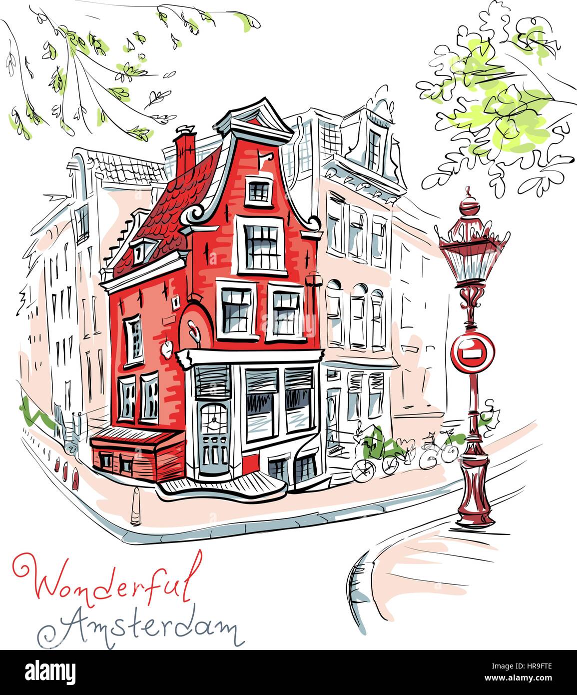 Vettore vista città di Amsterdam House e lanterna Illustrazione Vettoriale
