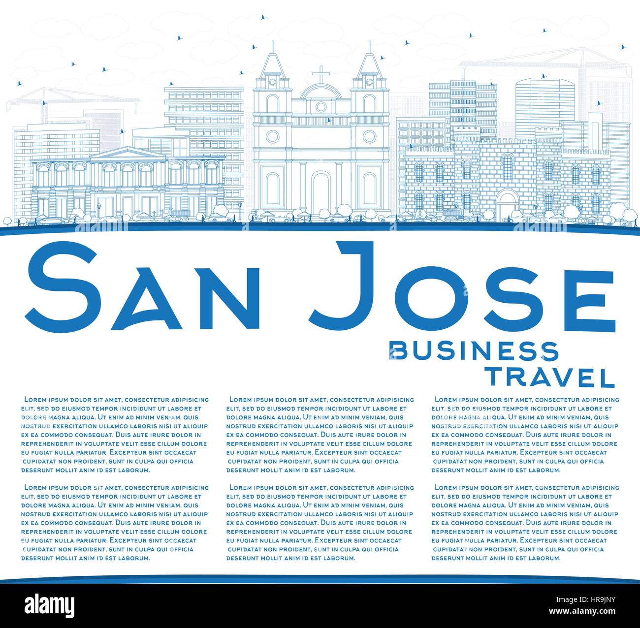 Profilo san jose skyline con edifici blu e copia spazio. illustrazione vettoriale. viaggi di affari e di turismo con il concetto di architettura moderna. Illustrazione Vettoriale