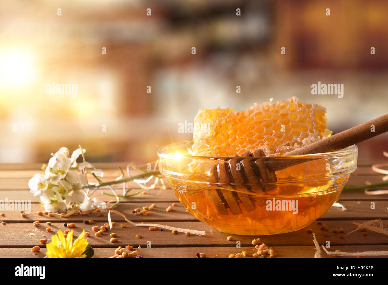 Ciotola con il miele, il nido e bilanciere su un tavolo in legno con fiori e polline di api in una cucina rustica con sunbeam. Vista frontale. Compositi orizzontale Foto Stock