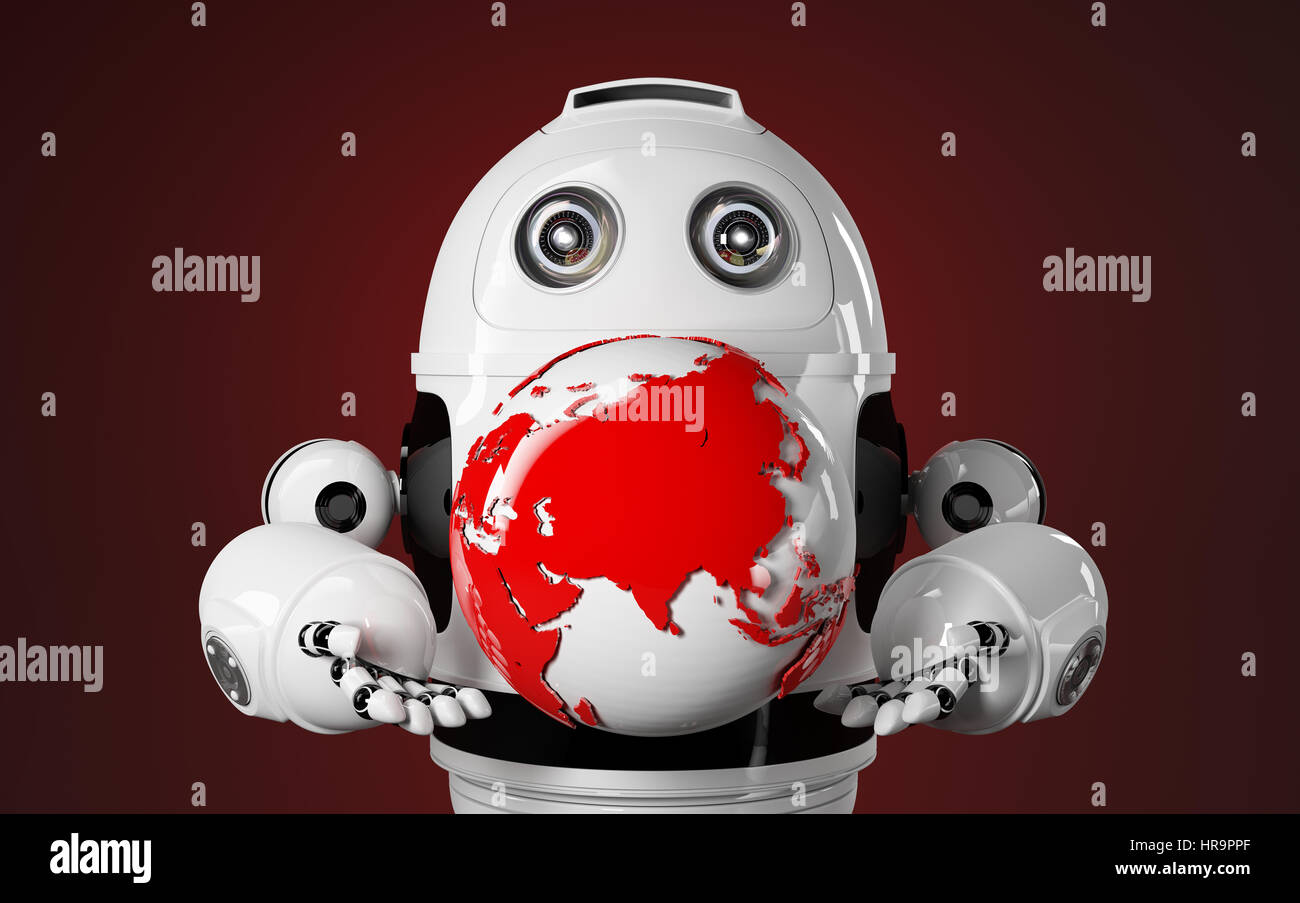 Robot rosso detiene il globo terrestre. Concetto di tecnologia Foto Stock