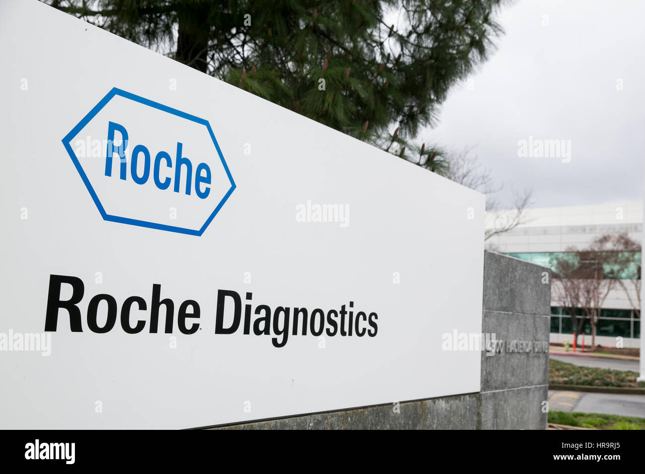 Un segno del logo al di fuori di una struttura occupata da Roche Diagnostics a Pleasanton, California, il 18 febbraio 2017. Foto Stock