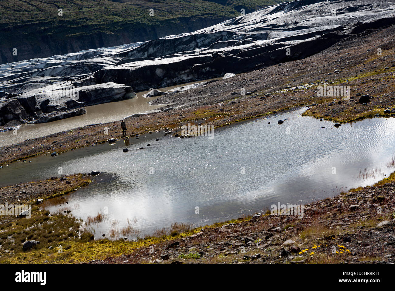 Lago di fuso sul ghiacciaio Svinafellsjokull, Islanda Foto Stock