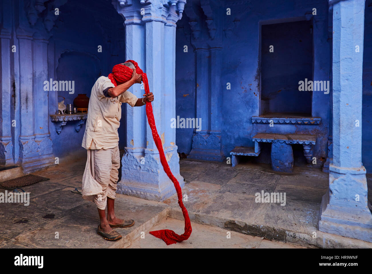 India Rajasthan, Jodhpur la città blu, Turbante uomo Foto Stock