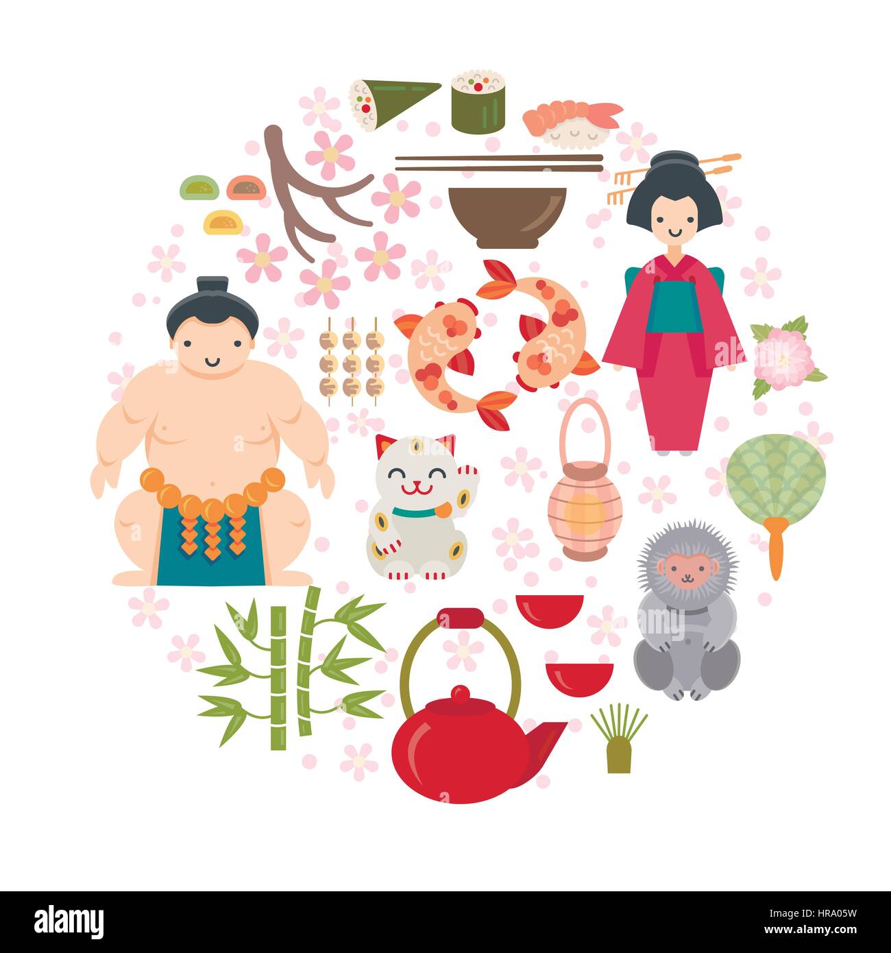 Vettore giapponese insieme con la geisha, lottatore di Sumo, Sushi, Sakura, neve scimmia, Maneki Neko e altri simboli giapponesi. Ogni oggetto è comodo groupe Illustrazione Vettoriale