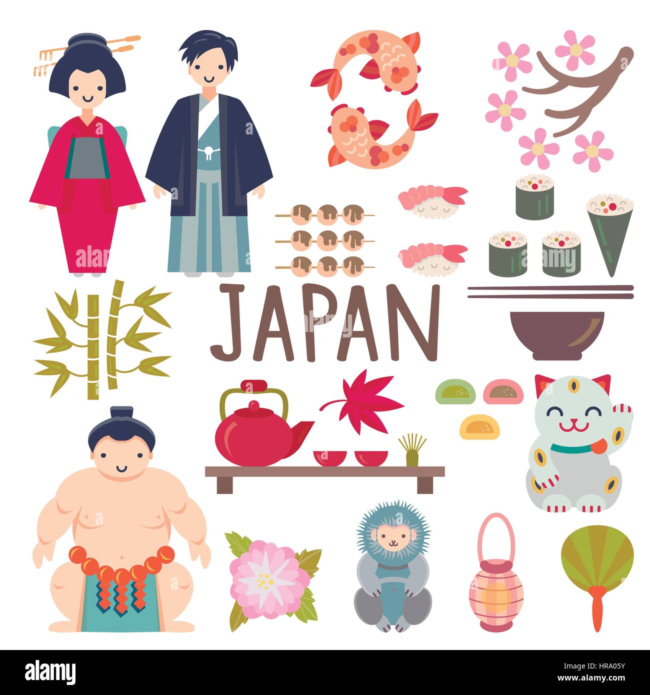 Vettore giapponese insieme con la geisha, lottatore di Sumo, Sushi, Sakura, neve scimmia, Maneki Neko e altri simboli giapponesi. Ogni oggetto è comodo groupe Illustrazione Vettoriale