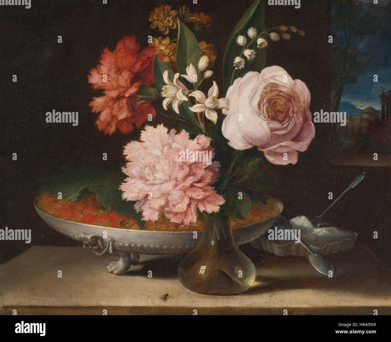 Scuola Romana, XVIII secolo ancora in vita con un vaso di vetro di fiori e una ciotola di fragole Foto Stock