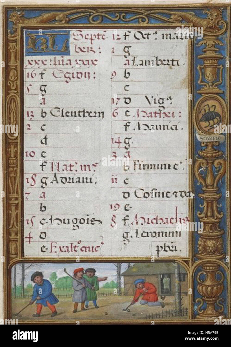 Settembre- quattro uomini giocando a un gioco che assomiglia a golf - La rubrica (1520-1530), f.27r - BL ADD MS 24098 Foto Stock